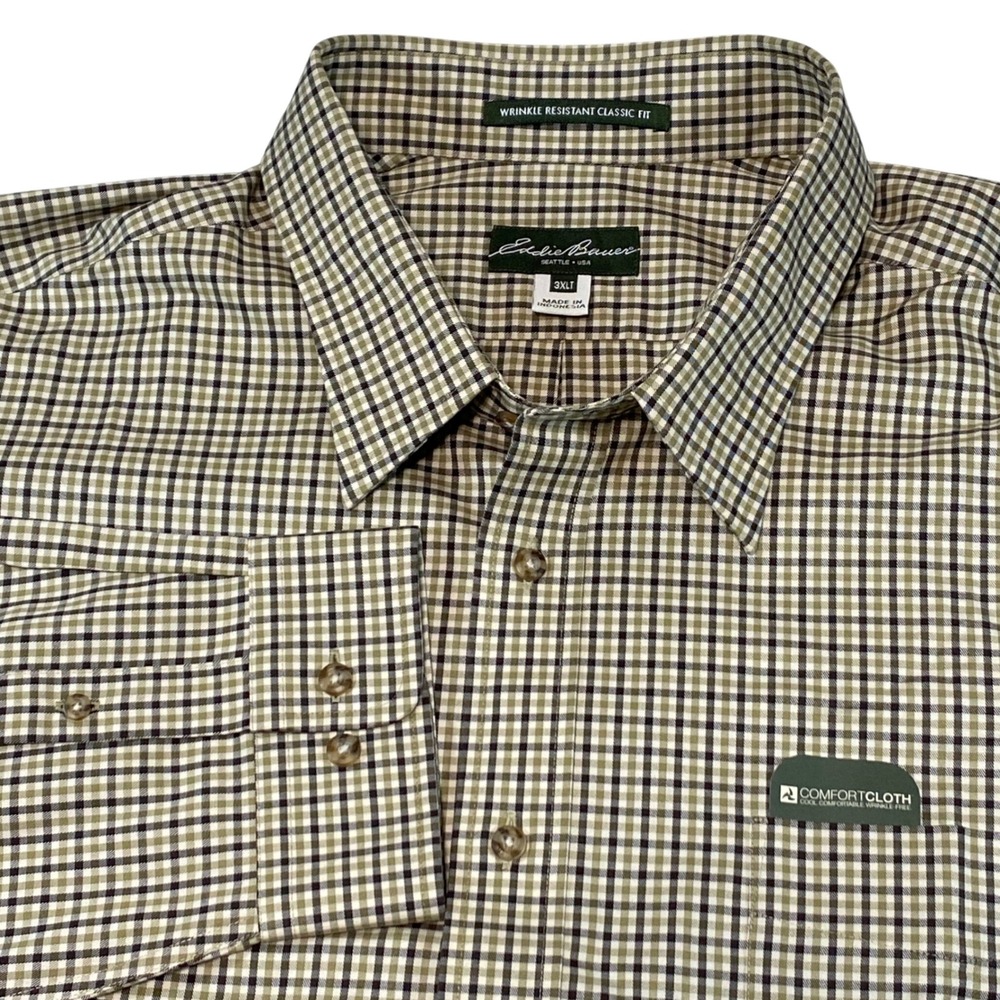 Eddie Bauer Mens 3XLT Shirt ComfortCloth Wrinkle Resistant Plaid Olive Green 3XL